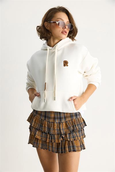 Kadın Nakış İşlemeli Kanguru Cepli Kapüşonlu Şardonlu Salaş Sweatshirt 6872 60283523 - Beyaz
