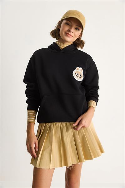 Kadın Nakış İşlemeli Kapüşonlu Kanguru Cepli Sweatshirt 6045 60284098 - Siyah