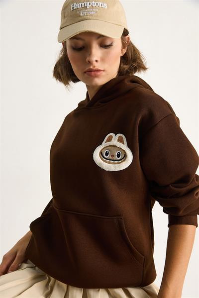 Kadın Nakış İşlemeli Kapüşonlu Kanguru Cepli Sweatshirt 6045 60284098 - Kahve