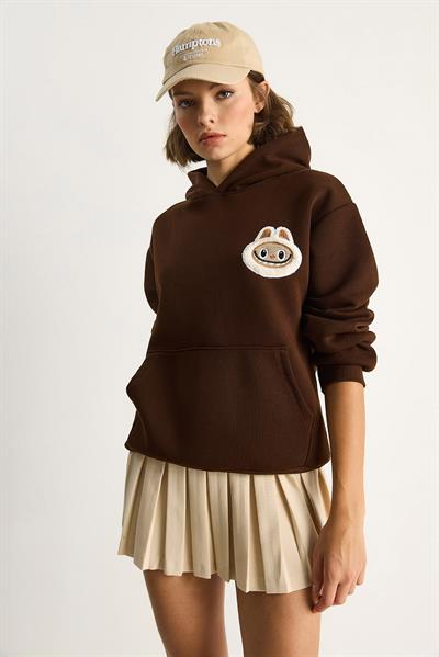 Kadın Nakış İşlemeli Kapüşonlu Kanguru Cepli Sweatshirt 6045 60284098 - Kahve