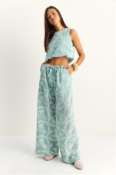 Kadın Nakış İşlemeli Lastikli Balon Crop Bluz Geniş Paça Pantolon Takım 8037 60286157 - Su Yeşili