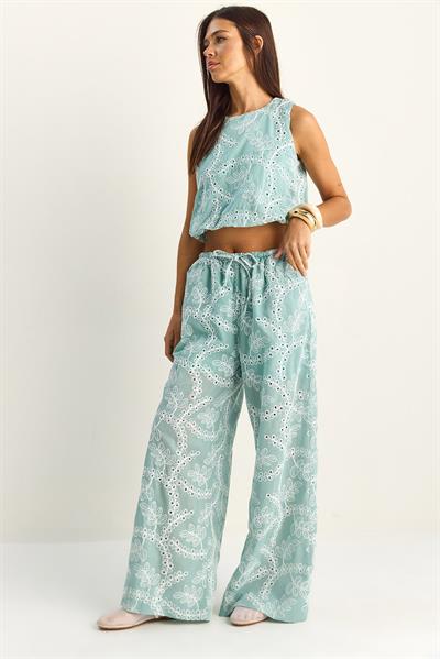 Kadın Nakış İşlemeli Lastikli Balon Crop Bluz Geniş Paça Pantolon Takım 8037 60286157 - Su Yeşili