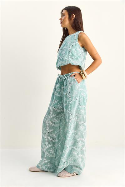 Kadın Nakış İşlemeli Lastikli Balon Crop Bluz Geniş Paça Pantolon Takım 8037 60286157 - Su Yeşili
