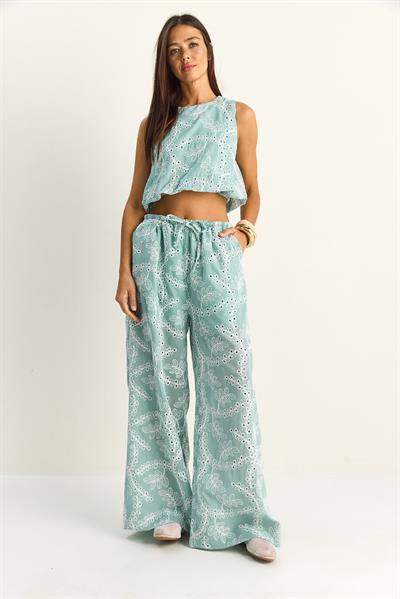 Kadın Nakış İşlemeli Lastikli Balon Crop Bluz Geniş Paça Pantolon Takım 8037 60286157 - Su Yeşili