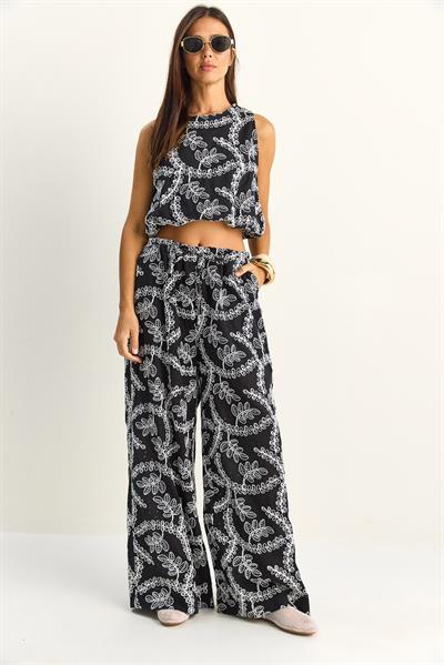 Kadın Nakış İşlemeli Lastikli Balon Crop Bluz Geniş Paça Pantolon Takım 8037 60286157 - Siyah