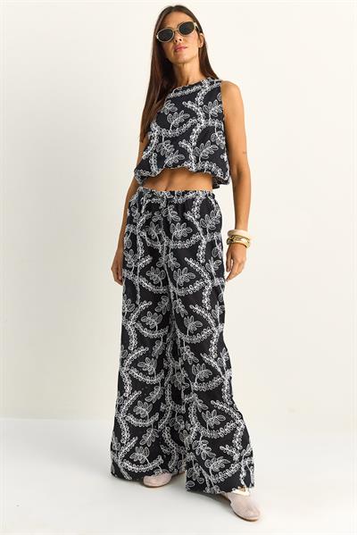 Kadın Nakış İşlemeli Lastikli Balon Crop Bluz Geniş Paça Pantolon Takım 8037 60286157 - Siyah