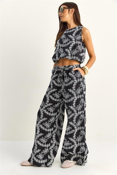 Kadın Nakış İşlemeli Lastikli Balon Crop Bluz Geniş Paça Pantolon Takım 8037 60286157 - Siyah