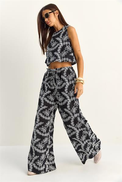 Kadın Nakış İşlemeli Lastikli Balon Crop Bluz Geniş Paça Pantolon Takım 8037 60286157 - Siyah