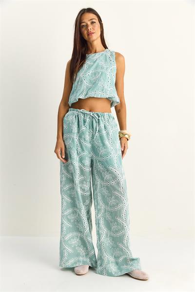 Kadın Nakış İşlemeli Lastikli Balon Crop Bluz Geniş Paça Pantolon Takım 8037 60286157 - Su Yeşili