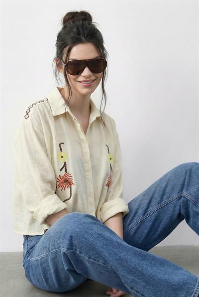 Kadın Nakış İşlemeli Relaxed Müslin Gömlek 71739 60286026 - Tereyağ