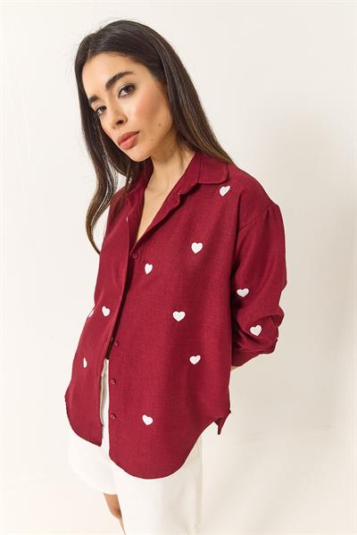 Kadın Nakış Kalp İşlemeli Oversize Gömlek 60251090 - Bordo
