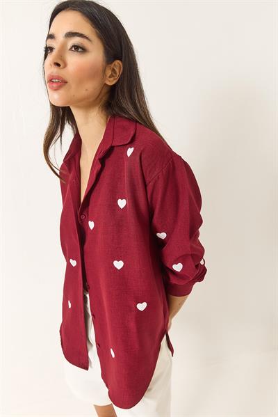 Kadın Nakış Kalp İşlemeli Oversize Gömlek 60251090 - Bordo