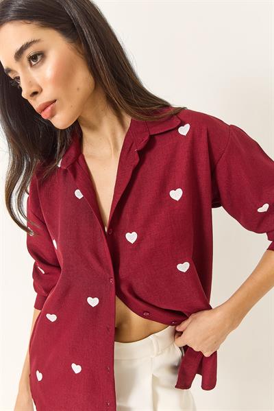 Kadın Nakış Kalp İşlemeli Oversize Gömlek 60251090 - Bordo