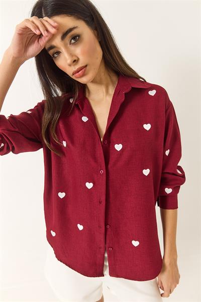 Kadın Nakış Kalp İşlemeli Oversize Gömlek 60251090 - Bordo