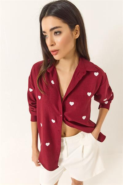 Kadın Nakış Kalp İşlemeli Oversize Gömlek 60251090 - Bordo