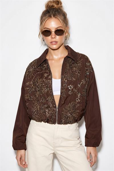 Kadın Nakış ve Pul İşleme Detaylı Astarlı Fermuarlı Crop Bomber Ceket 38194 60286212 - Acı Kahve CEKET modelleri
