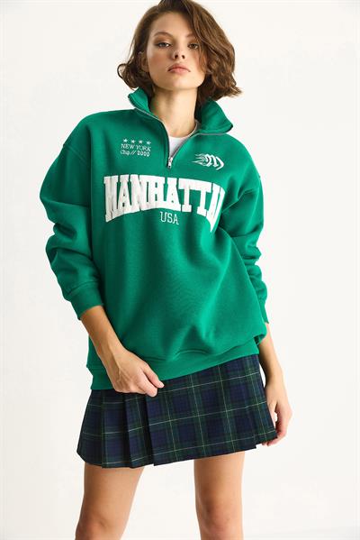 Kadın Nakışlı Yarım Fermuarlı Polo Yaka Şardonlu Oversize Sweatshirt 10002 60283528 - Yeşil