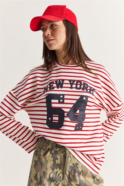 Kadın New York 64 Baskılı Çizgili Bisiklet Yaka Oversize Sweatshirt 36074 60286739 - Ekru-Kırmızı