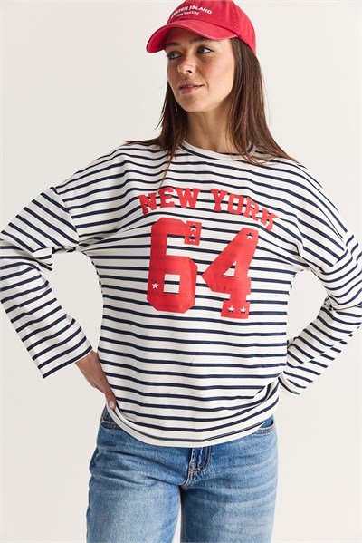Kadın New York 64 Baskılı Çizgili Bisiklet Yaka Oversize Sweatshirt 36074 60286739 - Ekru-Lacivert