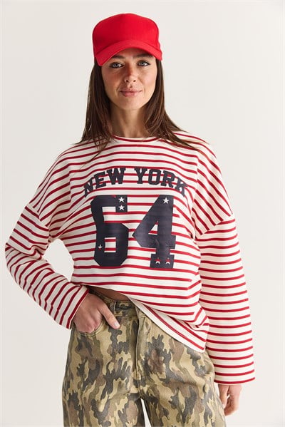 Kadın New York 64 Baskılı Çizgili Bisiklet Yaka Oversize Sweatshirt 36074 60286739 - Ekru-Kırmızı