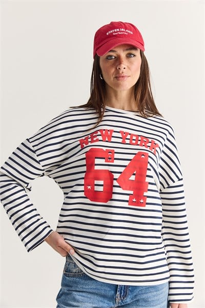 Kadın New York 64 Baskılı Çizgili Bisiklet Yaka Oversize Sweatshirt 36074 60286739 - Ekru-Lacivert
