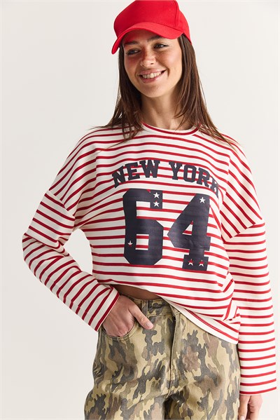 Kadın New York 64 Baskılı Çizgili Bisiklet Yaka Oversize Sweatshirt 36074 60286739 - Ekru-Kırmızı