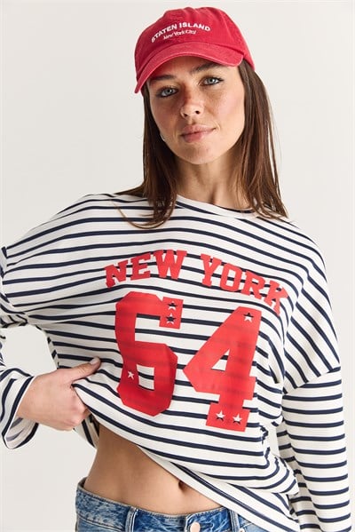 Kadın New York 64 Baskılı Çizgili Bisiklet Yaka Oversize Sweatshirt 36074 60286739 - Ekru-Lacivert