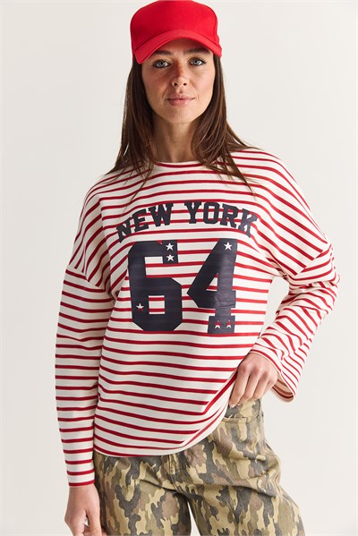 Kadın New York 64 Baskılı Çizgili Bisiklet Yaka Oversize Sweatshirt 36074 60286739 - Ekru-Kırmızı
