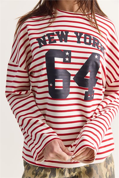 Kadın New York 64 Baskılı Çizgili Bisiklet Yaka Oversize Sweatshirt 36074 60286739 - Ekru-Kırmızı