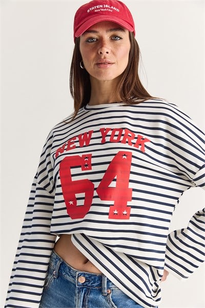 Kadın New York 64 Baskılı Çizgili Bisiklet Yaka Oversize Sweatshirt 36074 60286739 - Ekru-Lacivert