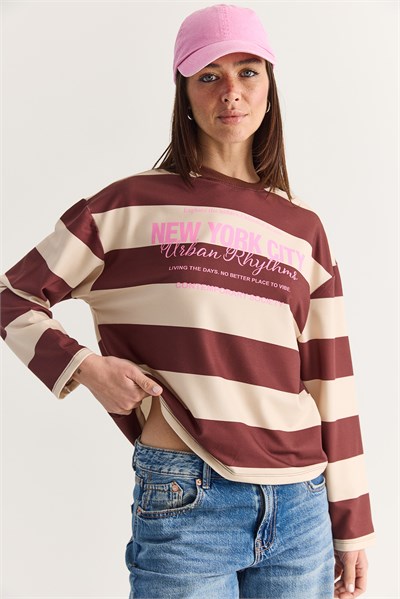 Kadın New York City Baskılı Çizgili Bisiklet Yaka Oversize Sweatshirt 927 60286668 - Kahverengi-Sarı