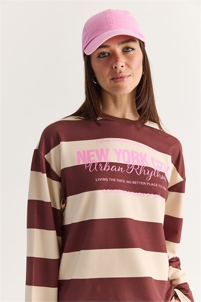 Kadın New York City Baskılı Çizgili Bisiklet Yaka Oversize Sweatshirt 927 60286668 - Kahverengi-Sarı