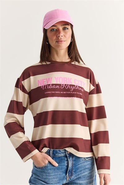 Kadın New York City Baskılı Çizgili Bisiklet Yaka Oversize Sweatshirt 927 60286668 - Kahverengi-Sarı