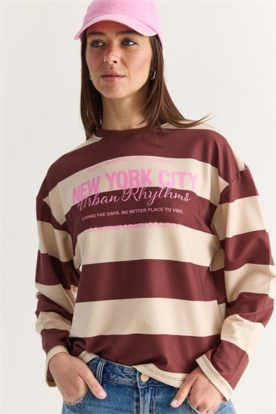 Kadın New York City Baskılı Çizgili Bisiklet Yaka Oversize Sweatshirt 927 60286668 - Kahverengi-Sarı