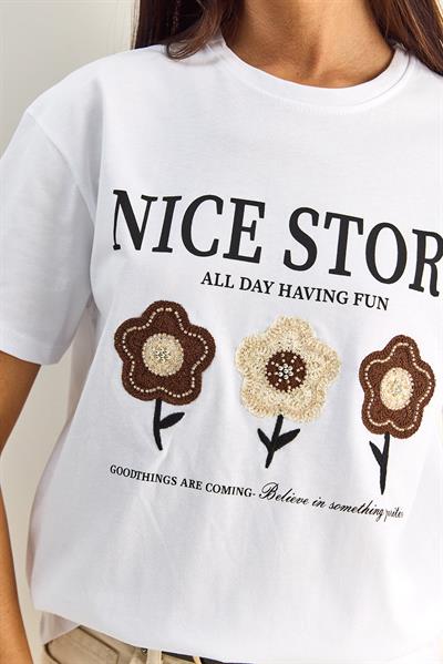 Kadın Nice Story Yazı ve Nakış Detaylı Relaxed Fit T-Shirt 7635 60286116 - Beyaz