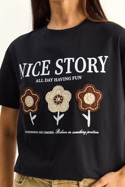 Kadın Nice Story Yazı ve Nakış Detaylı Relaxed Fit T-Shirt 7635 60286116 - Siyah