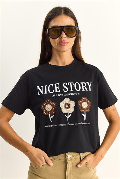 Kadın Nice Story Yazı ve Nakış Detaylı Relaxed Fit T-Shirt 7635 60286116 - Siyah