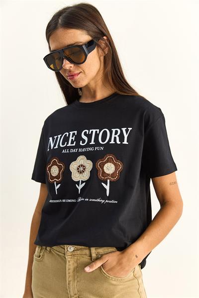 Kadın Nice Story Yazı ve Nakış Detaylı Relaxed Fit T-Shirt 7635 60286116 - Siyah