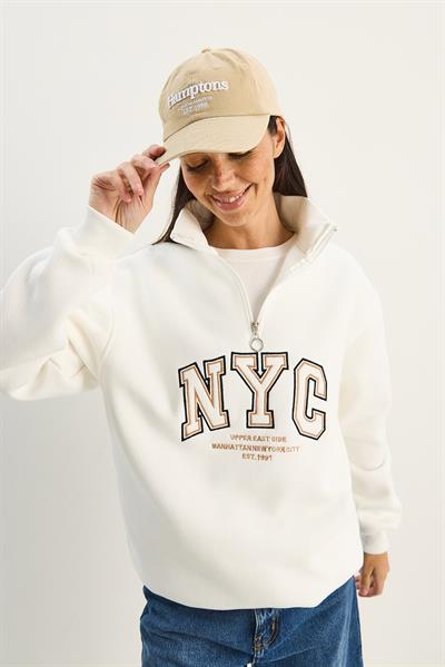 Kadın NYC Nakış İşlemeli Yakası Fermuarlı Üç İplik Şardonlu Oversize Sweatshirt 60283767 - Beyaz