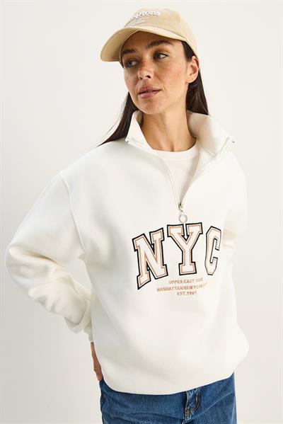 Kadın NYC Nakış İşlemeli Yakası Fermuarlı Üç İplik Şardonlu Oversize Sweatshirt 60283767 - Beyaz