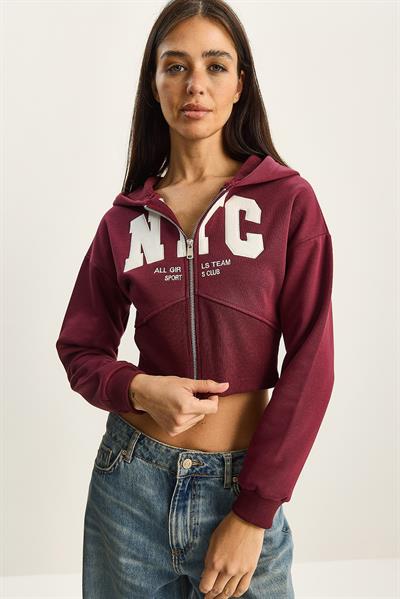 Kadın NYC Nakışlı Üç İplik Şardonlu Kapüşonlu Crop Hırka 6942 60283794 - Bordo