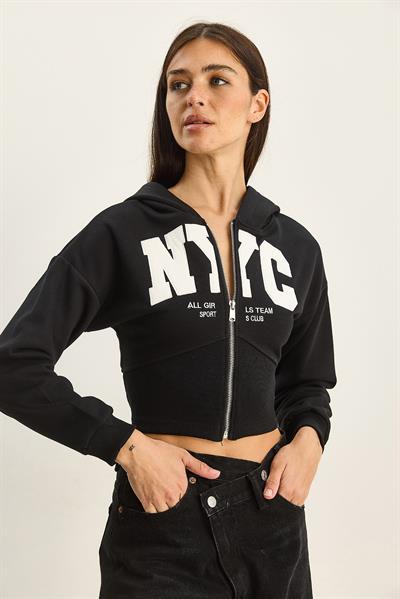 Kadın NYC Nakışlı Üç İplik Şardonlu Kapüşonlu Crop Hırka 6942 60283794 - Siyah