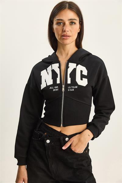 Kadın NYC Nakışlı Üç İplik Şardonlu Kapüşonlu Crop Hırka 6942 60283794 - Siyah