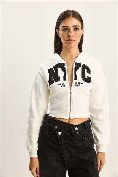 Kadın NYC Nakışlı Üç İplik Şardonlu Kapüşonlu Crop Hırka 6942 60283794 - Beyaz