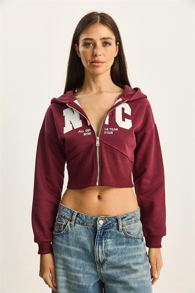 Kadın NYC Nakışlı Üç İplik Şardonlu Kapüşonlu Crop Hırka 6942 60283794 - Bordo
