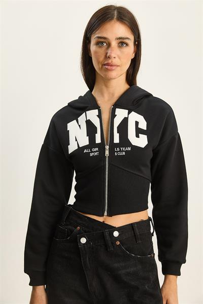 Kadın NYC Nakışlı Üç İplik Şardonlu Kapüşonlu Crop Hırka 6942 60283794 - Siyah