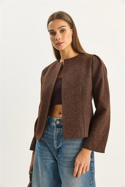 Kadın O Yaka Önü Açık Kendinden Dokulu Astarlı Ceket 0488 60283670 - Kahverengi