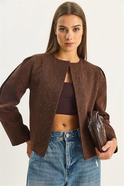 Kadın O Yaka Önü Açık Kendinden Dokulu Astarlı Ceket 0488 60283670 - Kahverengi