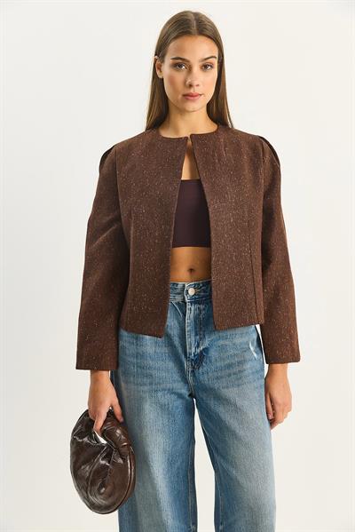 Kadın O Yaka Önü Açık Kendinden Dokulu Astarlı Ceket 0488 60283670 - Kahverengi