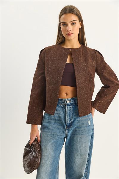 Kadın O Yaka Önü Açık Kendinden Dokulu Astarlı Ceket 0488 60283670 - Kahverengi